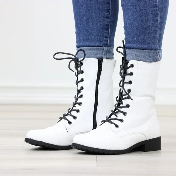 White Synthetic Leather Low Heel Round Toe Above Ankle Combat Boots - Picture 11 of 13
